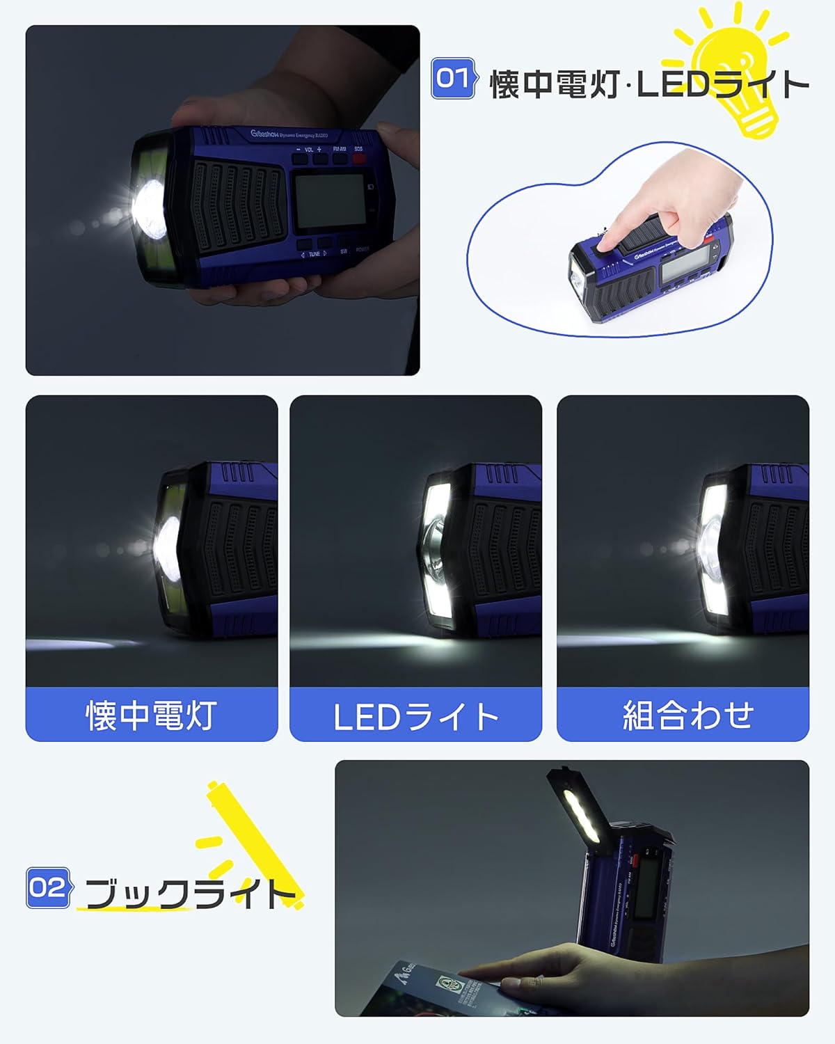災害用|多機能 手回しラジオ|デジタル選局 FM/AM/SWラジオ| 5000mAh usb充電式 ソーラー充電 SOSサイレン スマホ充電可能 懐中電灯|防災ラジオ|防災グッズ|キャンプ| PSE認証|Greeshow GS-2901