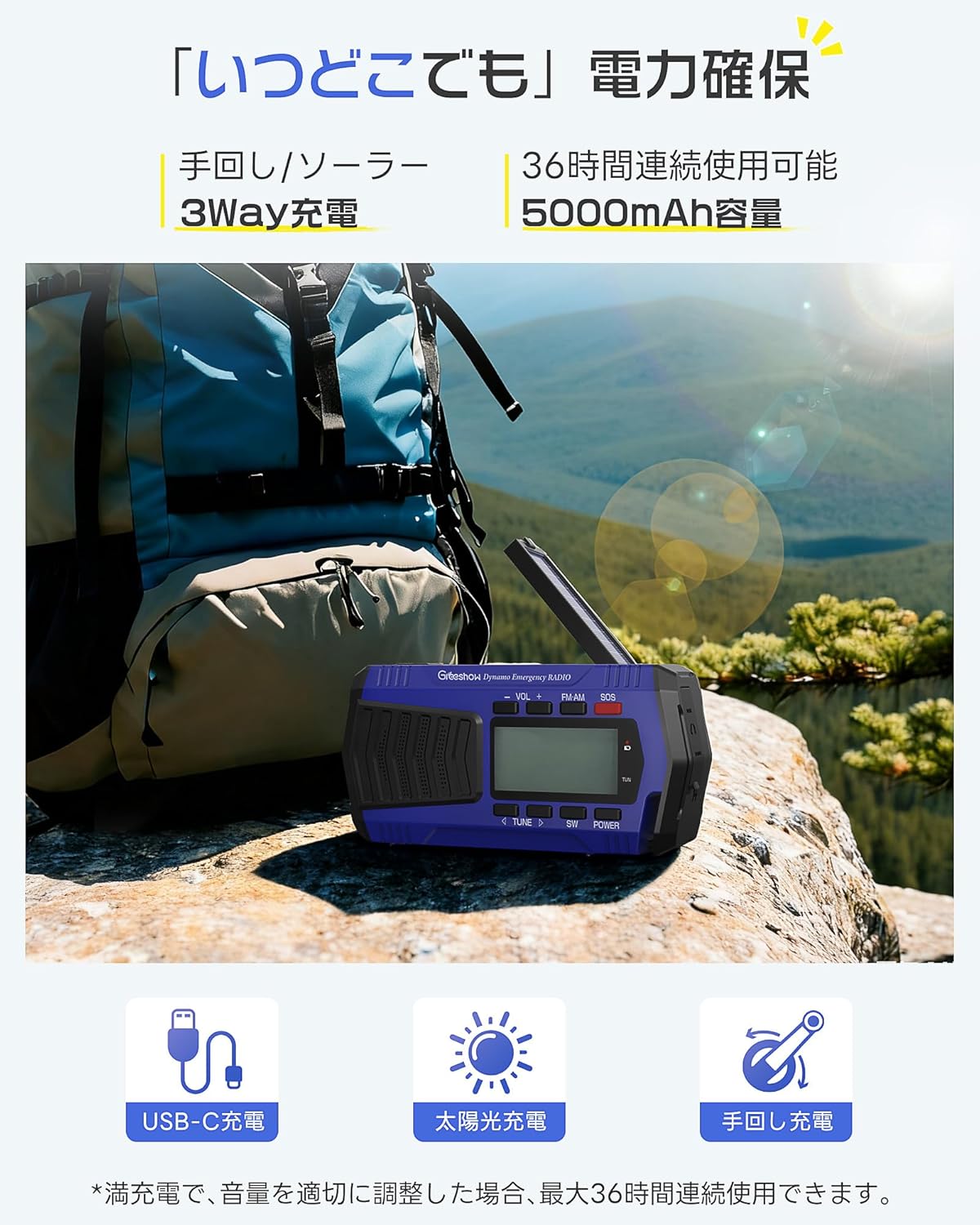 災害用|多機能 手回しラジオ|デジタル選局 FM/AM/SWラジオ| 5000mAh usb充電式 ソーラー充電 SOSサイレン スマホ充電可能 懐中電灯|防災ラジオ|防災グッズ|キャンプ| PSE認証|Greeshow GS-2901