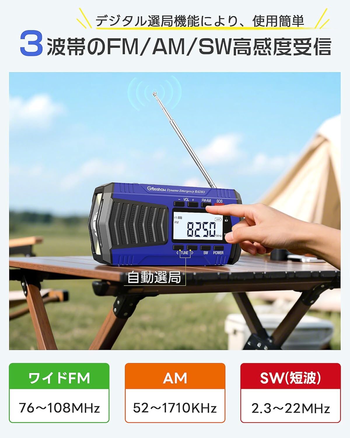 災害用|多機能 手回しラジオ|デジタル選局 FM/AM/SWラジオ| 5000mAh usb充電式 ソーラー充電 SOSサイレン スマホ充電可能 懐中電灯|防災ラジオ|防災グッズ|キャンプ| PSE認証|Greeshow GS-2901