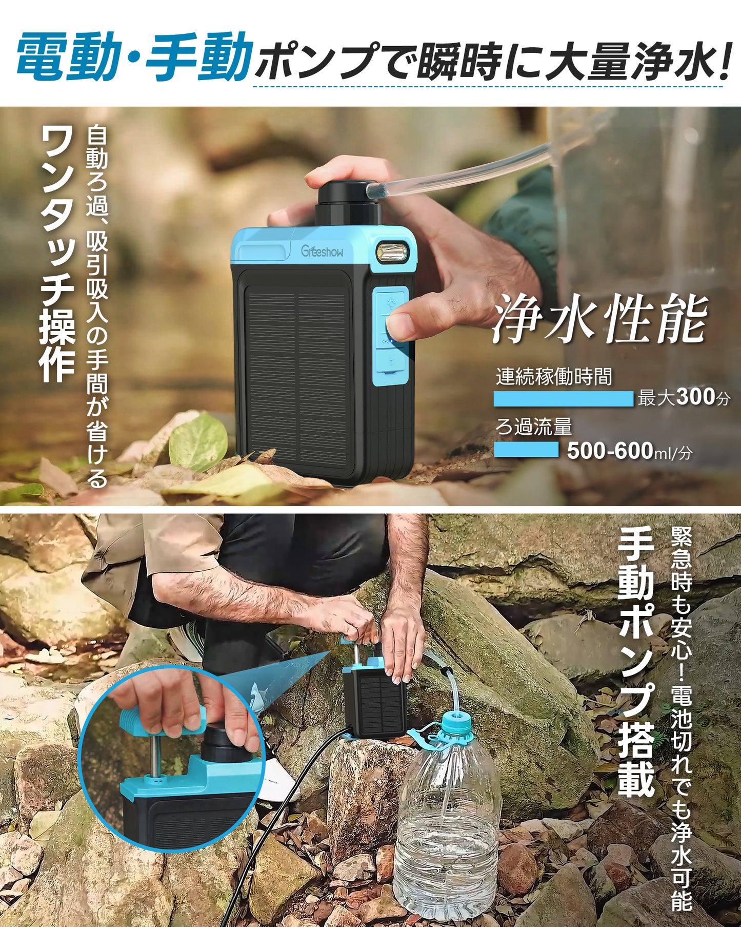 【業界最新&手動ボンプ付き】Greeshow 携帯浄水器 アウトドア 浄水器 電動浄水器 日本正規品 ソーラー充電可能 濾過器 飲み水 災害 防災士推奨 サバイバル浄水器 スマホ充電機能 高輝度LEDライト付き SOSモード 緊急停電対策 防災グッズ キャンプ/登山/地震/防災用 軽量・コンパクト PSE認証済み GS-2809