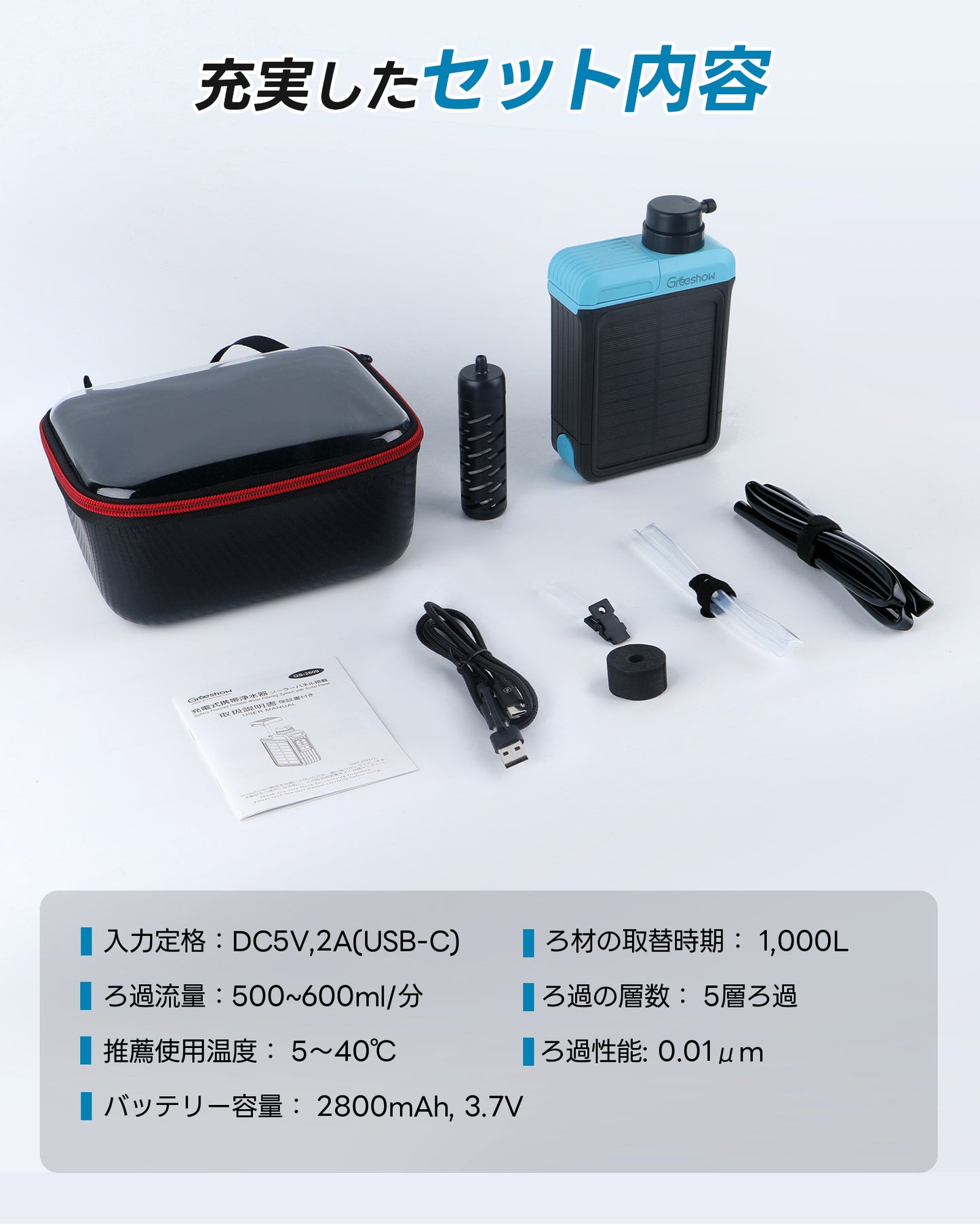 【業界最新&手動ボンプ付き】Greeshow 携帯浄水器 アウトドア 浄水器 電動浄水器 日本正規品 ソーラー充電可能 濾過器 飲み水 災害 防災士推奨 サバイバル浄水器 スマホ充電機能 高輝度LEDライト付き SOSモード 緊急停電対策 防災グッズ キャンプ/登山/地震/防災用 軽量・コンパクト PSE認証済み GS-2809