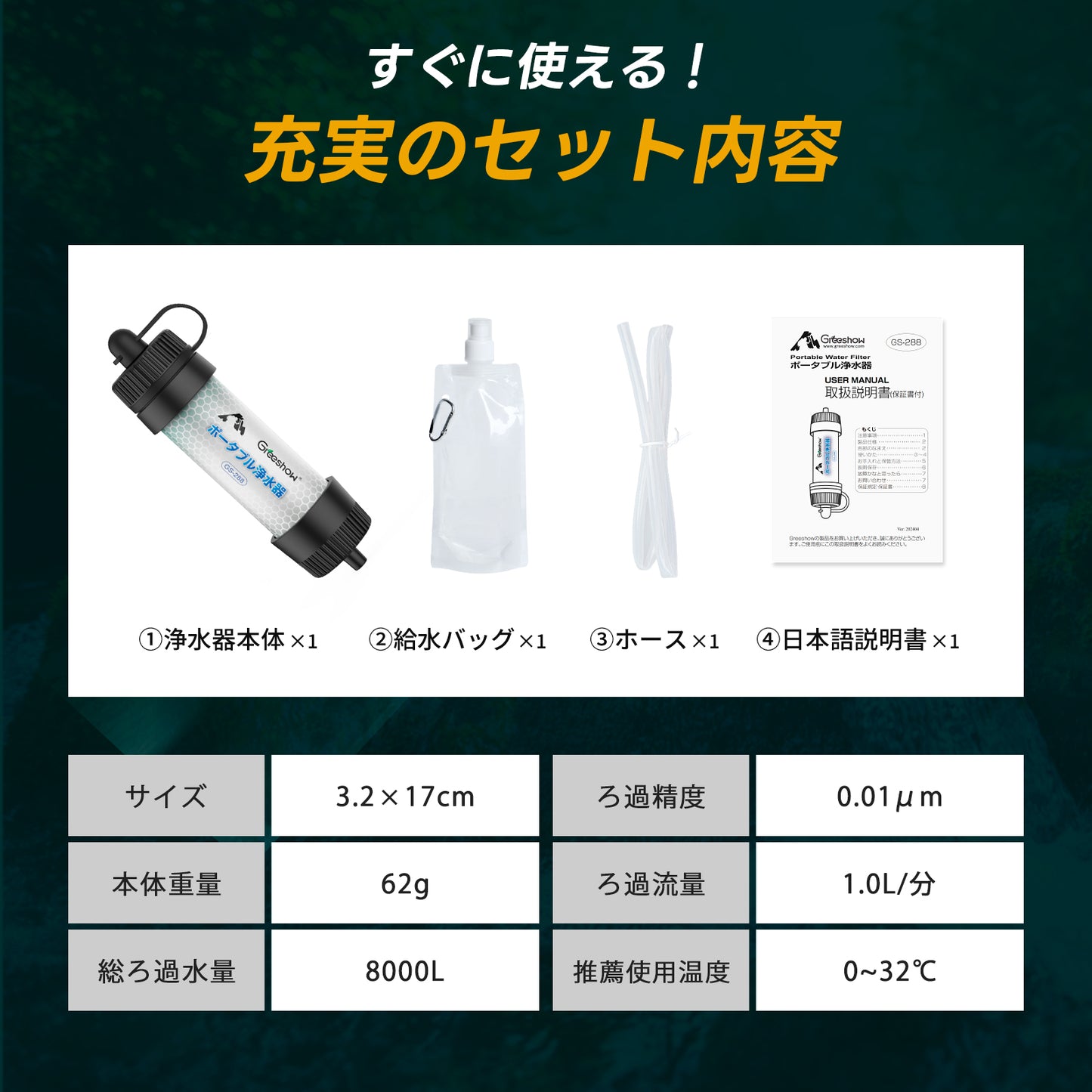 Greeshow 携帯浄水器 アウトドア 防災 濾過器 8000L浄水量 キャンプ 災害 非常用 防災グッズ 中空糸膜ろ過 フィルター交換不要 登山用 地震 軽量コンパクト 緊急用ホイッスル付き GS-288