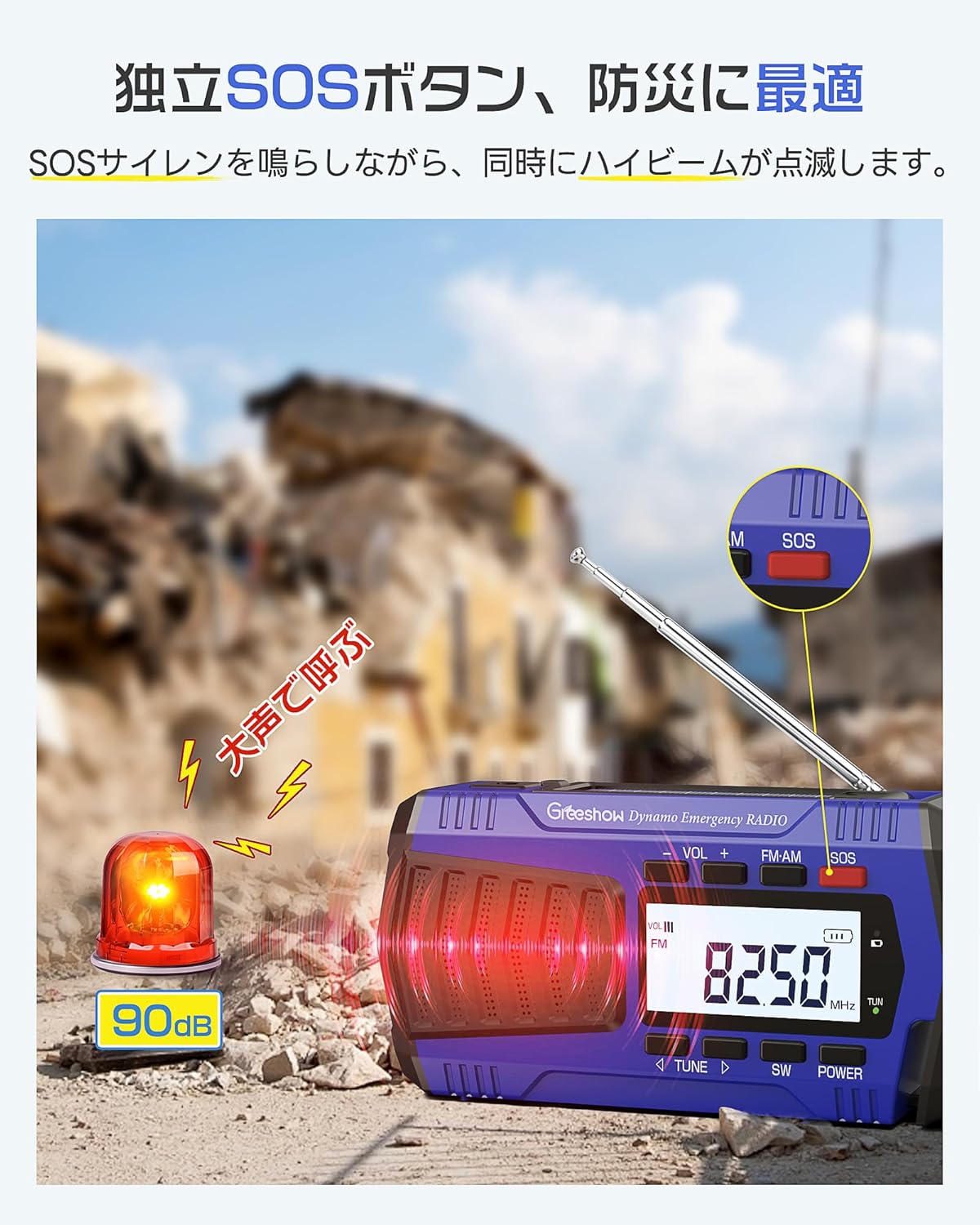 災害用|多機能 手回しラジオ|デジタル選局 FM/AM/SWラジオ| 5000mAh usb充電式 ソーラー充電 SOSサイレン スマホ充電可能 懐中電灯|防災ラジオ|防災グッズ|キャンプ| PSE認証|Greeshow GS-2901