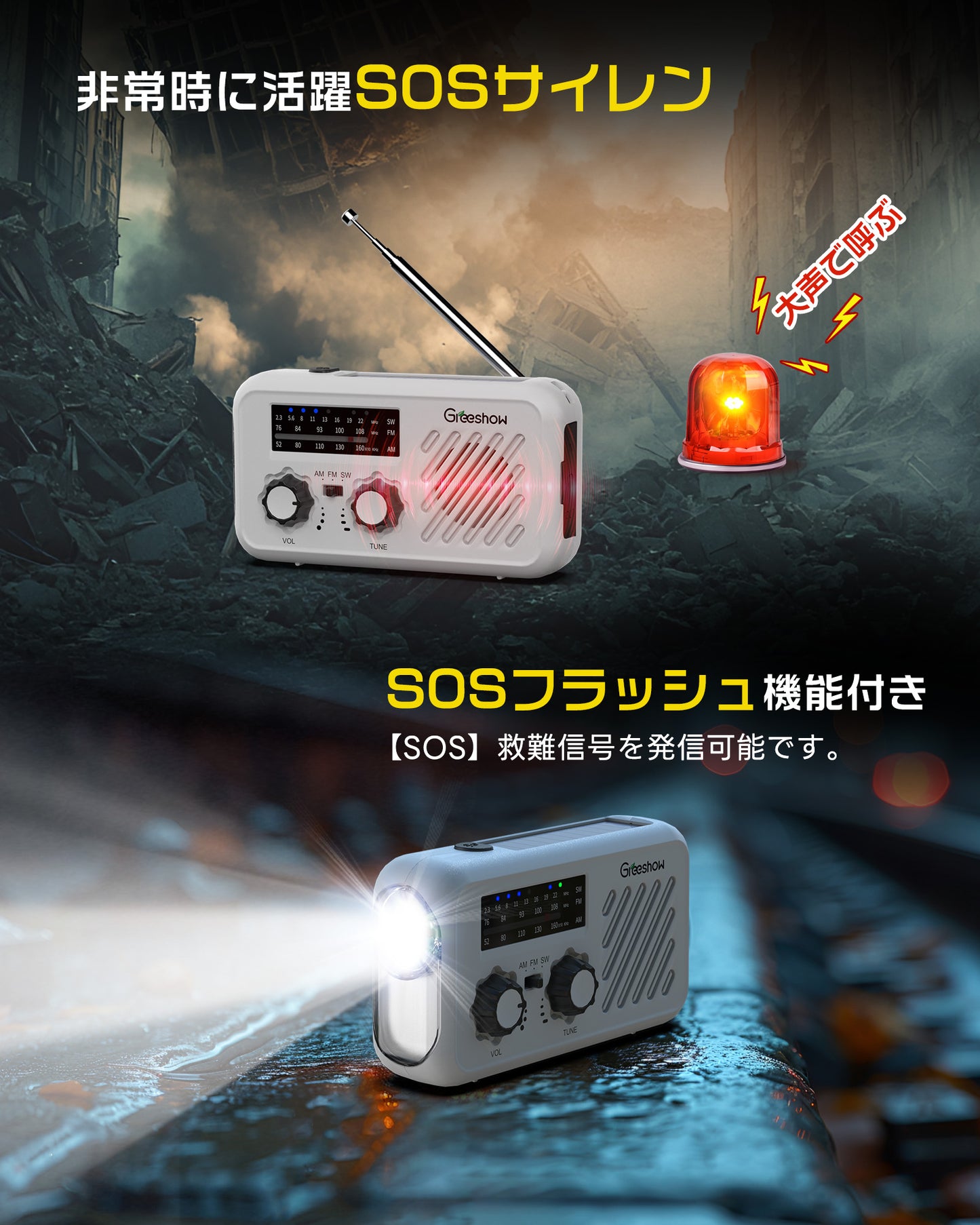 Greeshow 防災ラジオ GS-297|ソーラー充電・手回し充電対応|SOSアラート付き|2000mAhバッテリー|防水設計|防災ガイドブック付き
