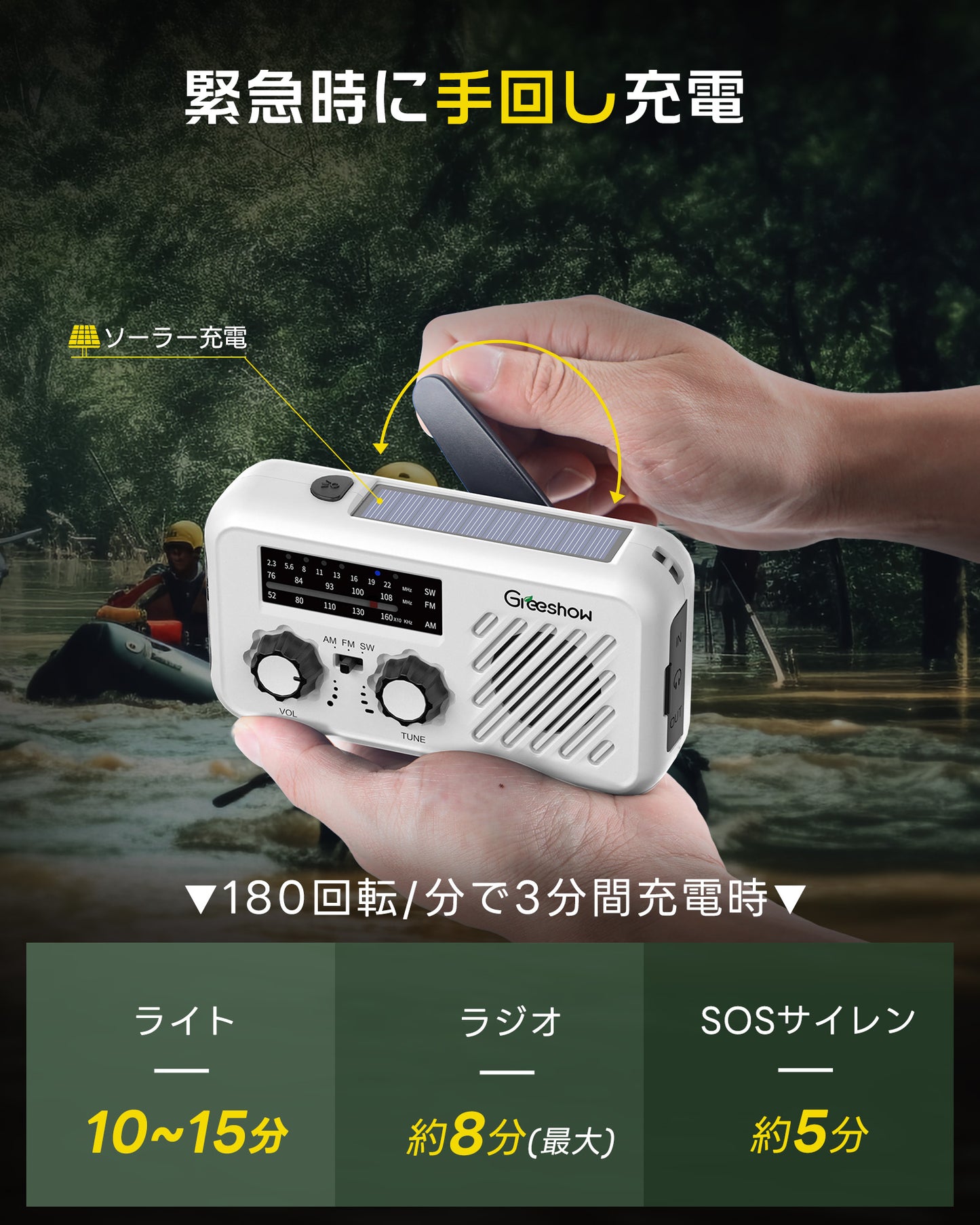 Greeshow 防災ラジオ GS-297|ソーラー充電・手回し充電対応|SOSアラート付き|2000mAhバッテリー|防水設計|防災ガイドブック付き