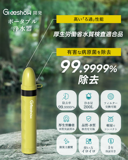 【防災士推奨】Greeshow 携帯浄水器 GS-282｜災害用・アウトドア対応｜Ahlstromフィルター採用｜軽量コンパクト設計
