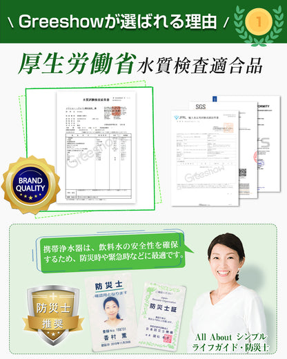 【Greeshow 】浄水器 交換用フィルター 限外ろ過 防災 携帯浄水器 アウトドア 濾過器 中空糸膜カートリッジ ブラック 内蔵フィルター1個と外付けフィルター1個使用可能なフィルター交換式GS-2811