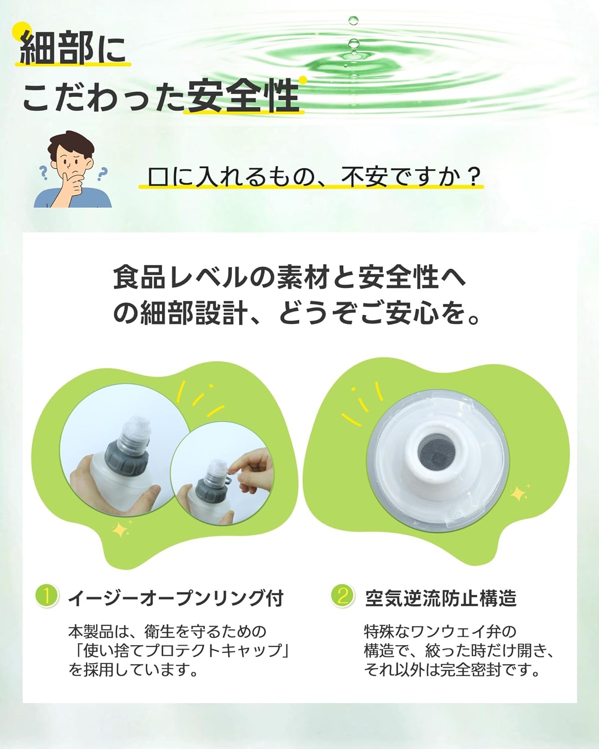 携帯浄水器_保護キャップ_イージーオープンリング付_衛生的_空気逆流防止構造