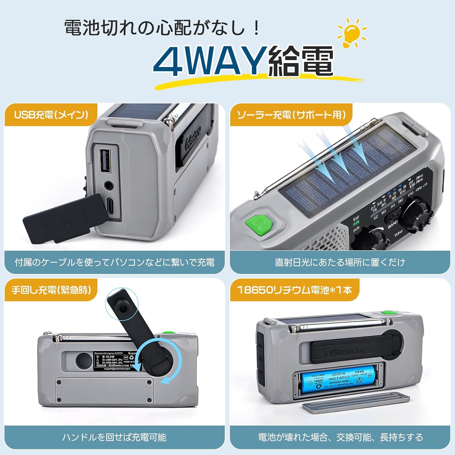 Greeshow 防災ラジオ 多機能 手回しラジオ FM/AM/SW対応 ソーラー/USB