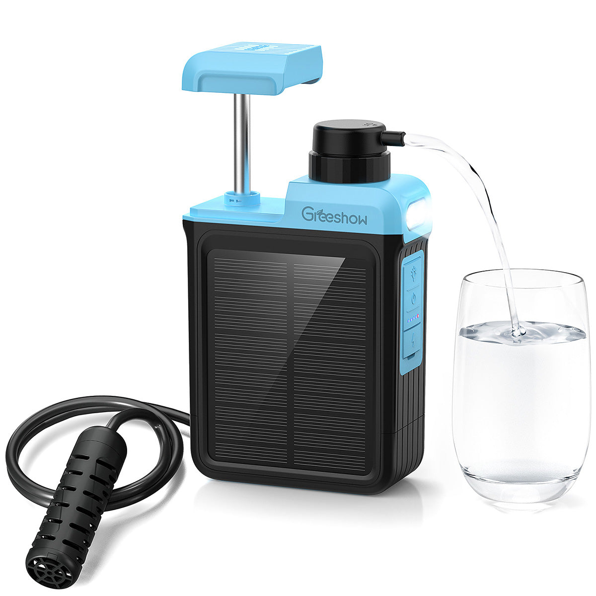 【業界最新&手動ボンプ付き】Greeshow 携帯浄水器 アウトドア 浄水器 電動浄水器 日本正規品 ソーラー充電可能 濾過器 飲み水 災害 防災士推奨 サバイバル浄水器 スマホ充電機能 高輝度LEDライト付き SOSモード 緊急停電対策 防災グッズ キャンプ/登山/地震/防災用 軽量・コンパクト PSE認証済み GS-2809