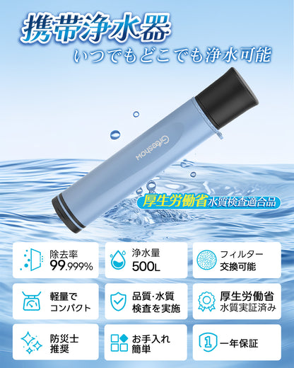【防災士推奨】Greeshow 携帯浄水器 GS-285｜防災用・アウトドア対応｜フィルター交換可能｜厚生労働省水質実証済み｜軽量コンパクト設計
