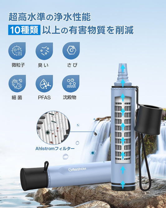 【防災士推奨】Greeshow 携帯浄水器 GS-285｜防災用・アウトドア対応｜フィルター交換可能｜厚生労働省水質実証済み｜軽量コンパクト設計