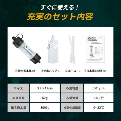 Greeshow 携帯浄水器 アウトドア 防災 濾過器 8000L浄水量 キャンプ 災害 非常用 防災グッズ 中空糸膜ろ過 フィルター交換不要 登山用 地震 軽量コンパクト 緊急用ホイッスル付き GS-288