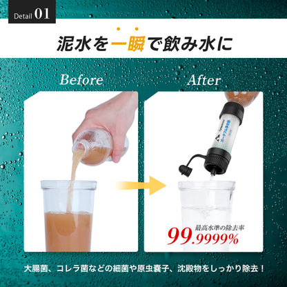 Greeshow 携帯浄水器 アウトドア 防災 フィルター交換不要 8000L大容量 中空糸膜フィルター採用 軽量コンパクト 非常用 アウトドア キャンプ 登山 給水バッグ付属 ポータブル浄水器 GS-289