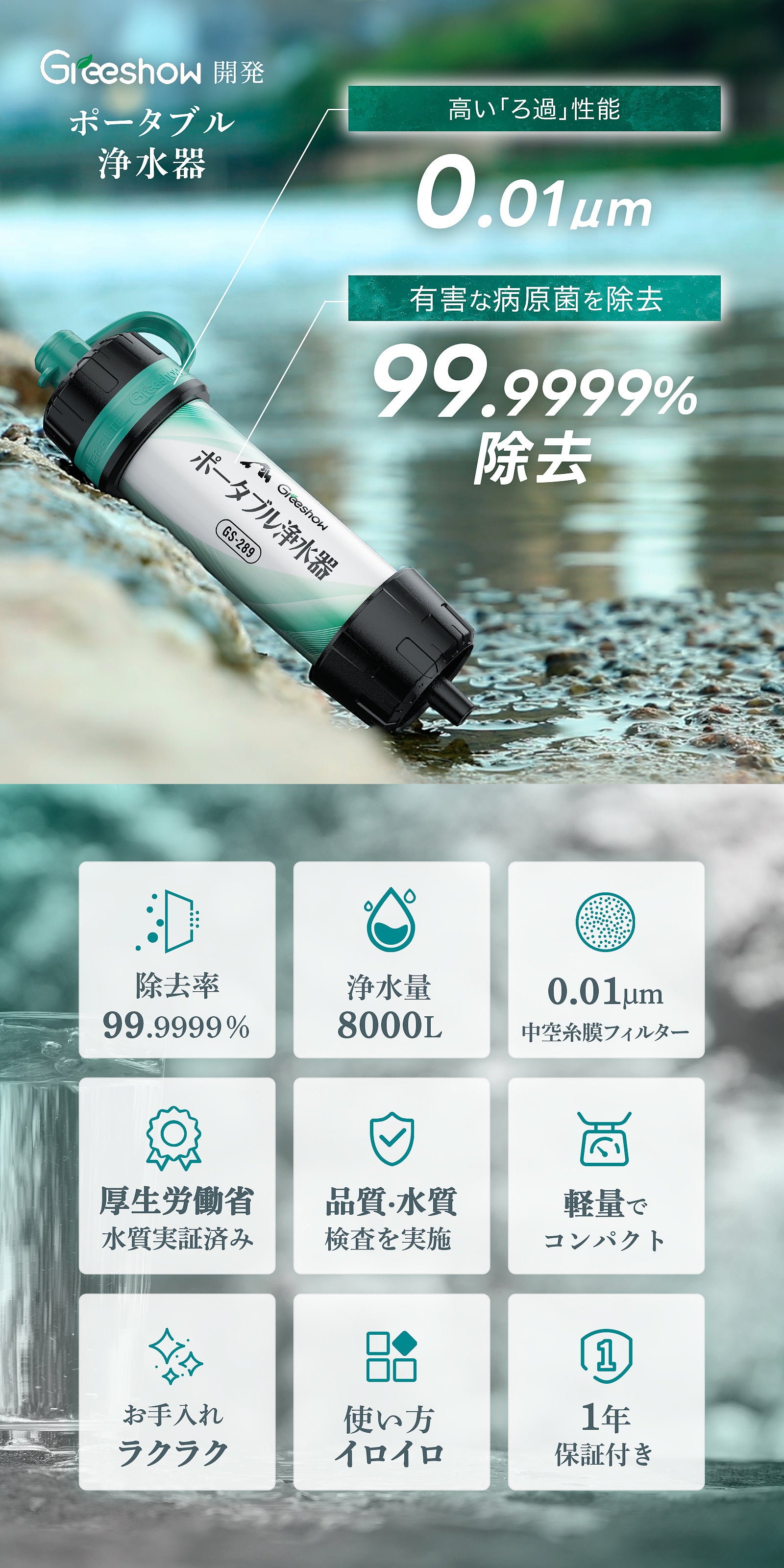 Greeshow 携帯浄水器 アウトドア 防災 フィルター交換不要 8000L大容量