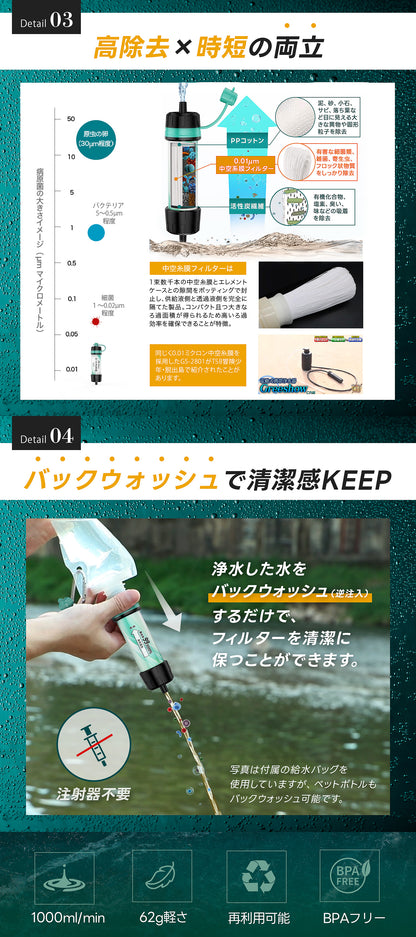 Greeshow 携帯浄水器 アウトドア 防災 フィルター交換不要 8000L大容量 中空糸膜フィルター採用 軽量コンパクト 非常用 アウトドア キャンプ 登山 給水バッグ付属 ポータブル浄水器 GS-289