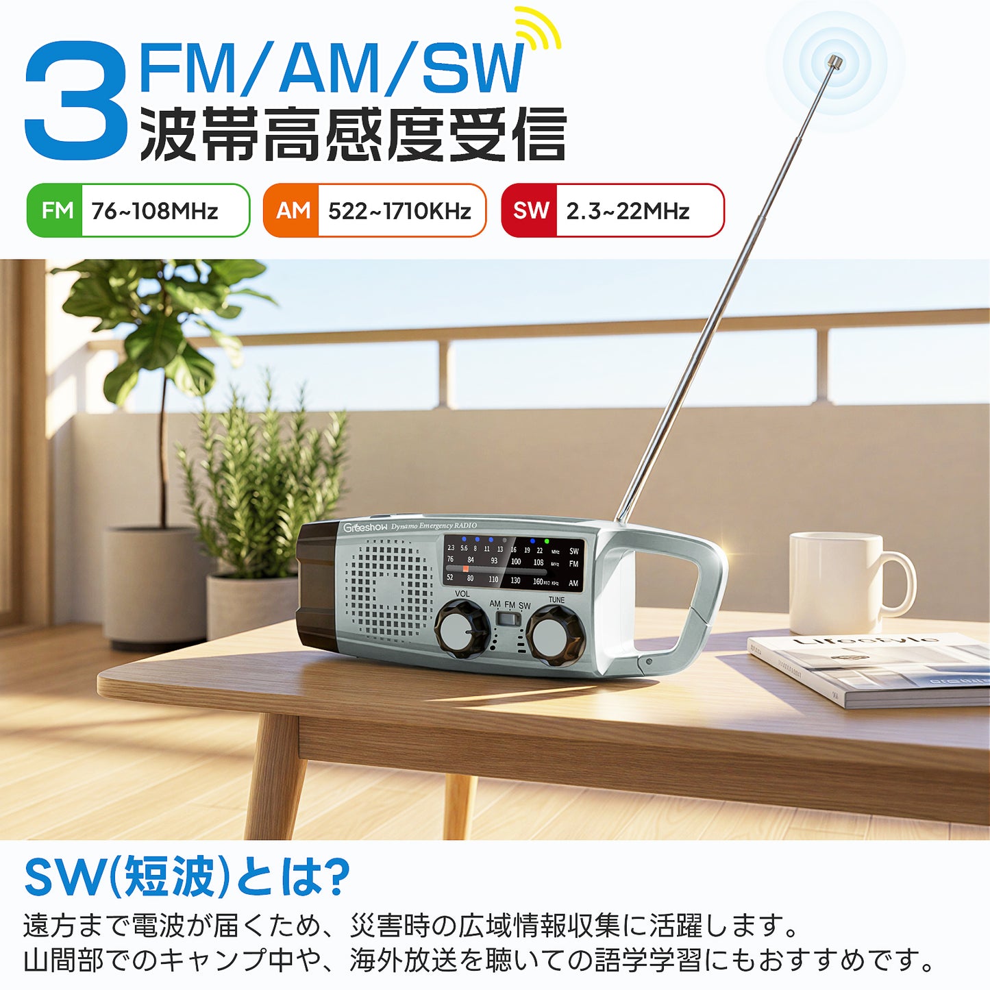 Greeshow【PSE認証済み】防災ラジオ  ソーラー・手回し充電 LEDライト SOSアラート GS-383