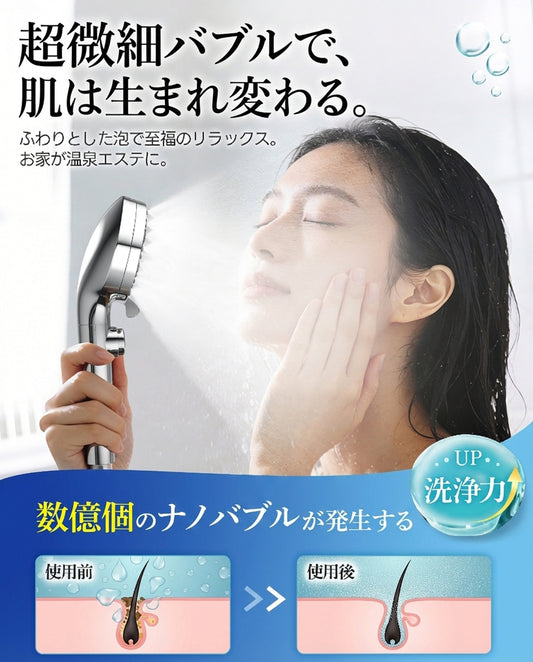 【90%節水】高水圧マイクロナノバブルシャワーヘッド | 6段階モード・手元止水で毛穴ケアと浴室掃除も対応
