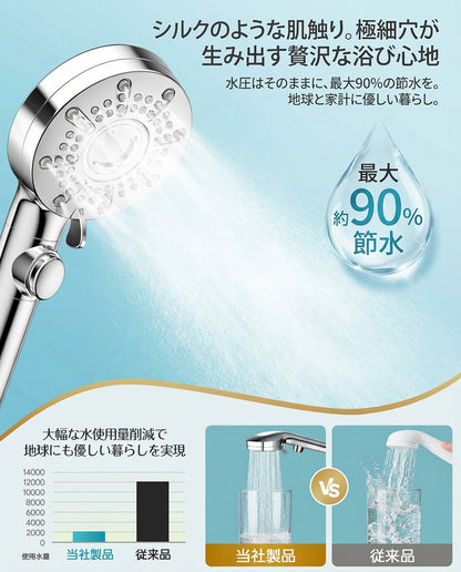 【90%節水】高水圧マイクロナノバブルシャワーヘッド | 6段階モード・手元止水 節水＆毛穴ケア