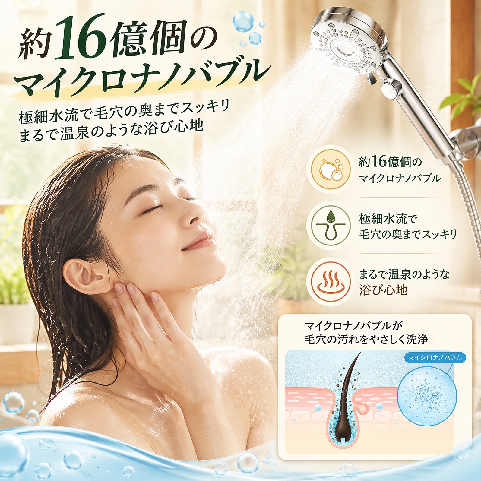 増圧・節水90％】高水圧マイクロナノバブルシャワーヘッド | 6段階