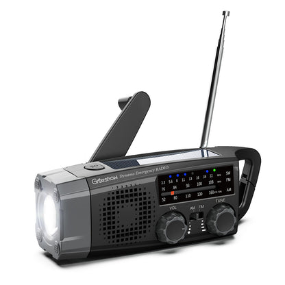 Greeshow 防災ラジオ GS-383｜多機能ラジオ｜ソーラー充電＆手回し充電対応｜LEDライト＆SOSアラート付き｜スマホ充電可能