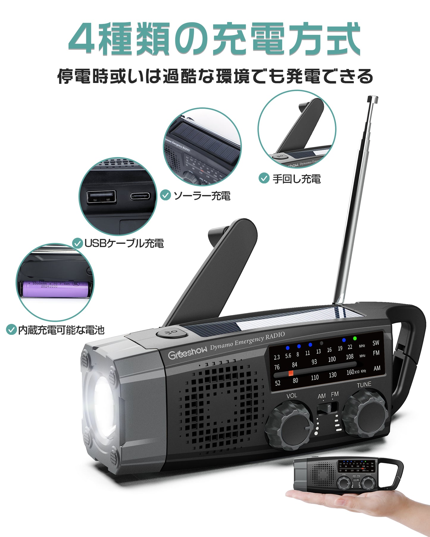 Greeshow 防災ラジオ GS-383｜多機能ラジオ｜ソーラー充電＆手回し充電対応｜LEDライト＆SOSアラート付き｜スマホ充電可能