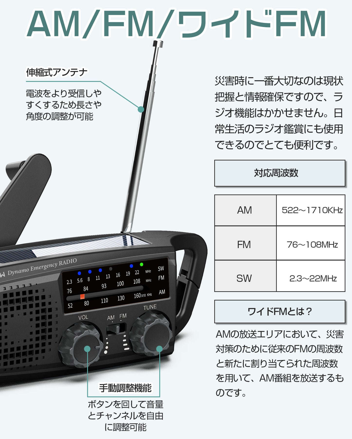 Greeshow 防災ラジオ GS-383｜多機能ラジオ｜ソーラー充電＆手回し充電対応｜LEDライト＆SOSアラート付き｜スマホ充電可能